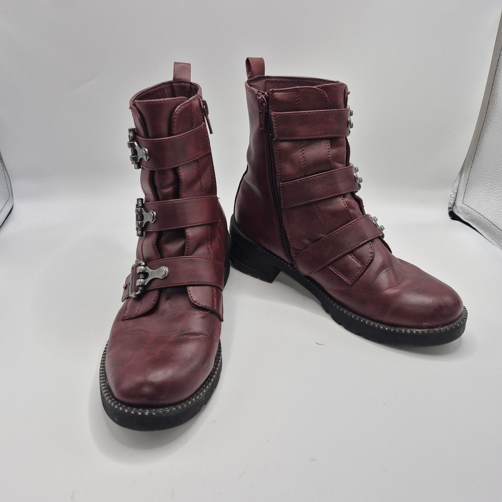 SO Monique Burgundy Triple Buckle Combat Boots Womens 7 Ankle Moto Lug Sole